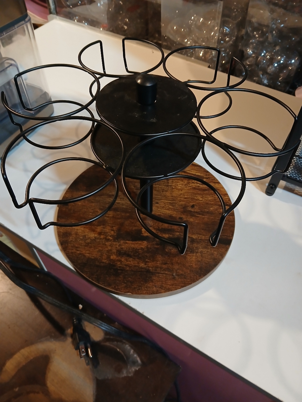 Black Rotating Cup Holder Stand with Wooden Base